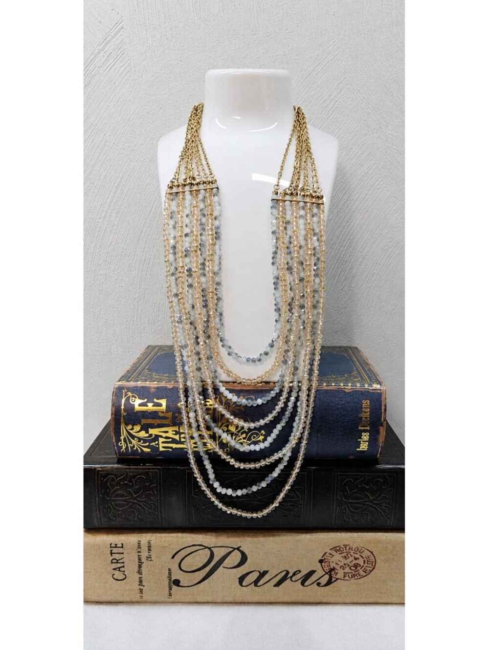 Natasha Multi Strand Crystal Beaded Statement Necklace Gold Tone